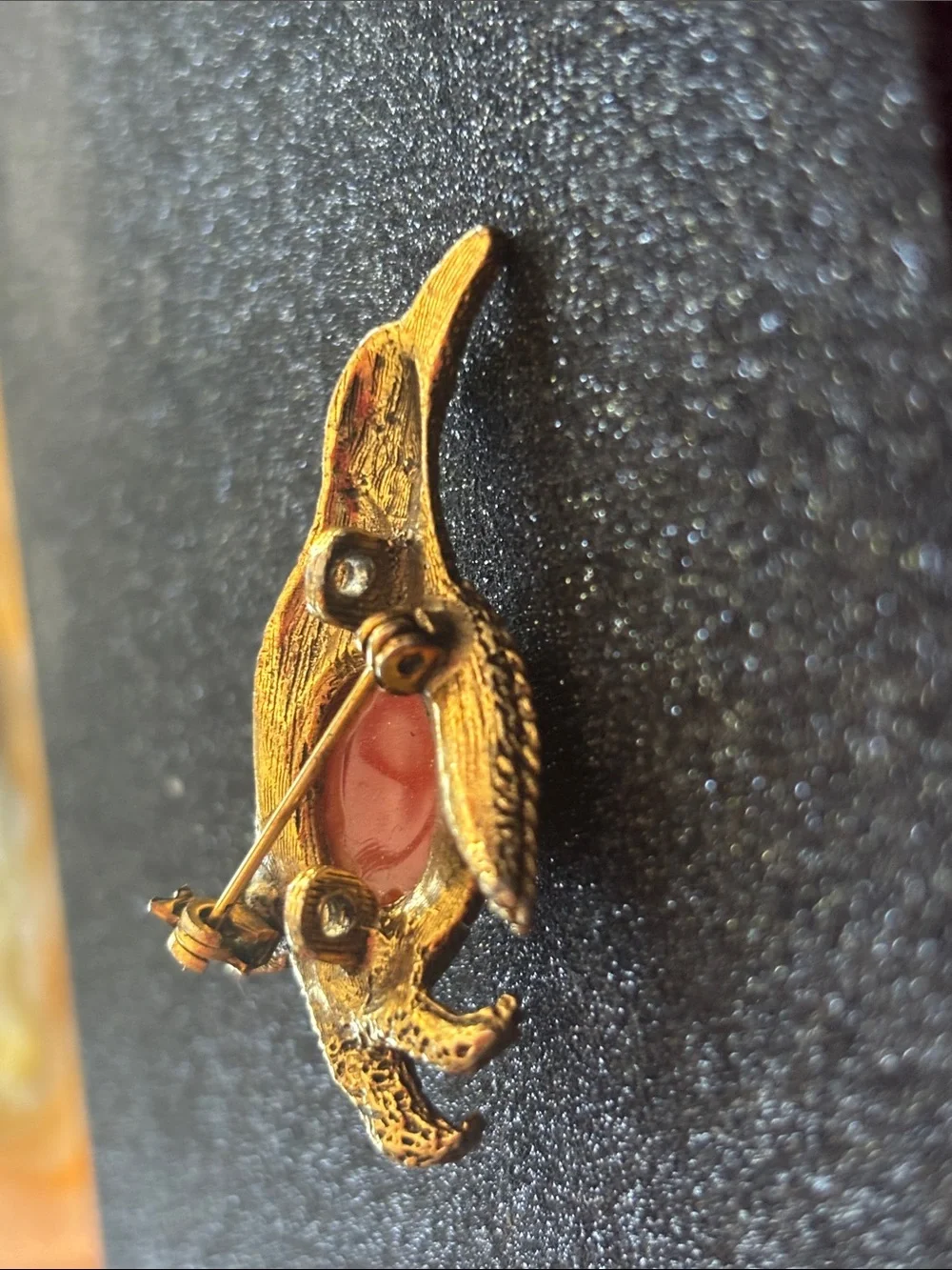 Estate Gold Penguin Brooch Coral Red jelly belly